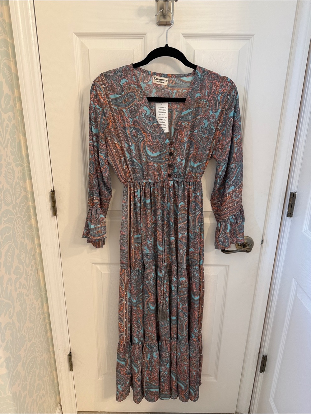 Kathmandu Paisley Tiered Maxi Dress in Dusty Blue and Mauve